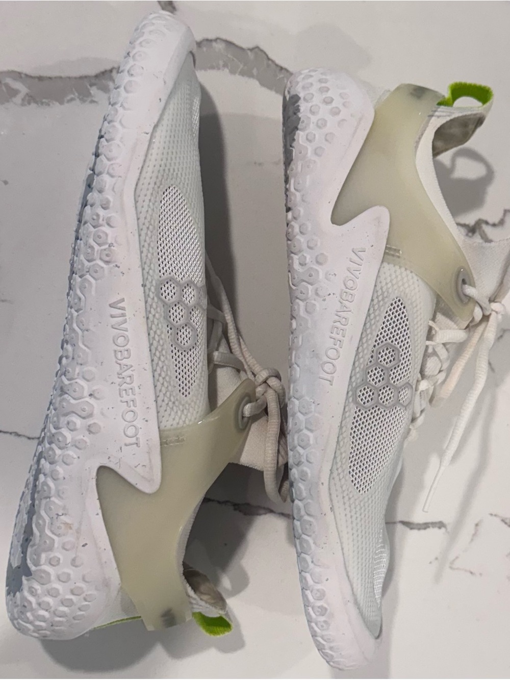 Vivo Barefoot Women’s White Mesh Minimalist Sneakers with Lime Pull Tab